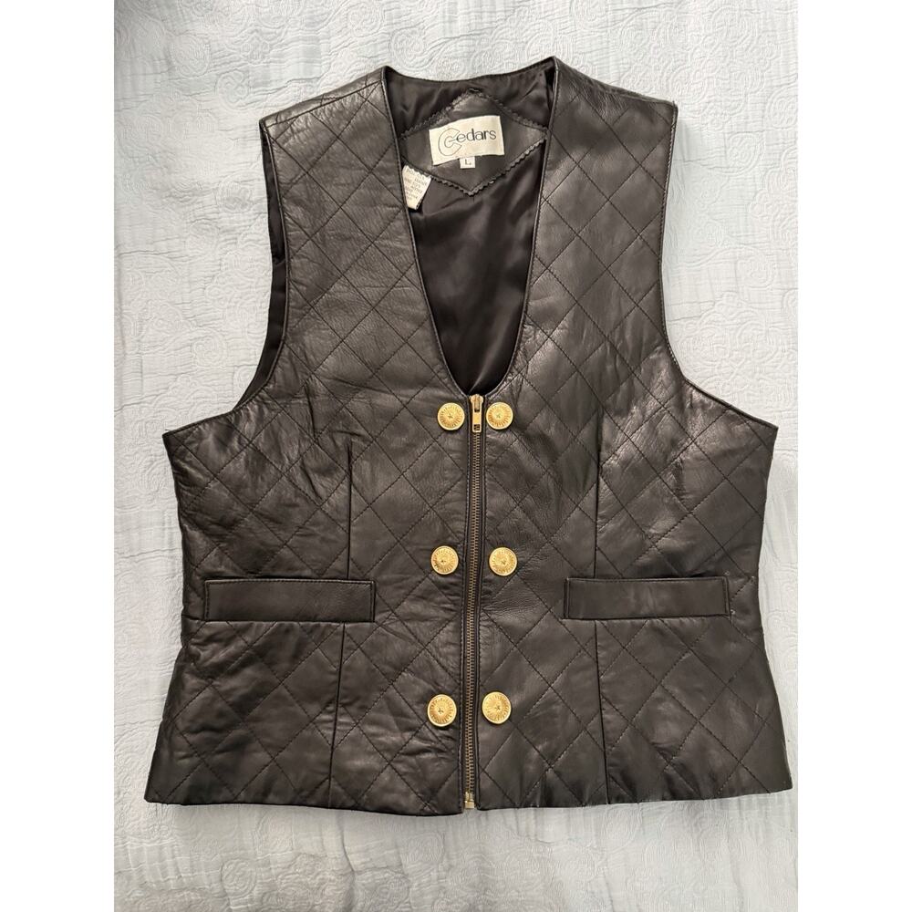 Vintage Quilted Leather Vest Black Cedars Gold Buttons Mob Wife Womens Sz Large